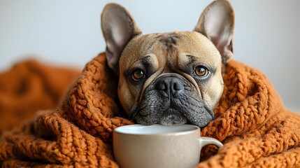 Adorable fawn French Bulldog wrapped in cozy orange knitted blanket looking at coffee cup on table, close-up portrait showing expressive eyes and wrinkled face.