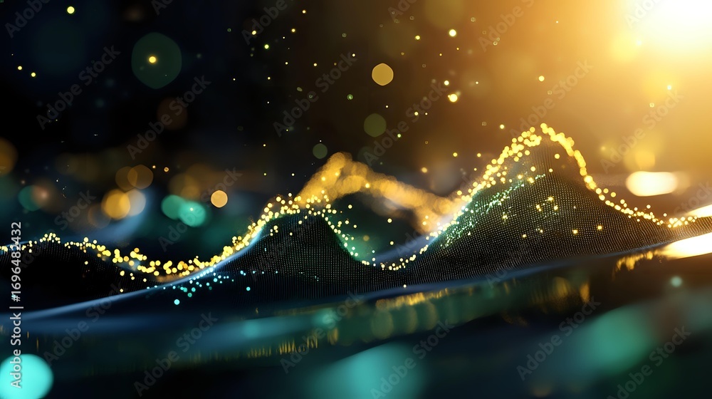 Poster glowing golden wave of particles with bokeh light effects on dark background, abstract digital visua