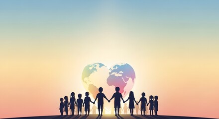 Silhouette of children holding hands around a glowing globe shaped like a heart, symbolic illustration of global child health