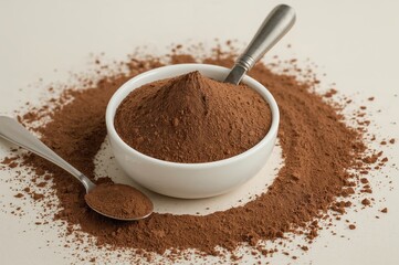 Bowl filled with cocoa powder accompanied by a scoop on a surface