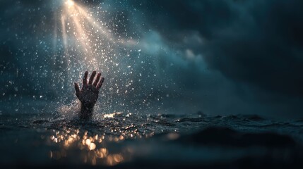 a desperate hand reaching for help above the water surface with ray light on the water, symbolizing despair and hope