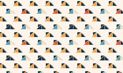 Simple seamless geometric pattern with 3D effect triangles, Minimalist modern background with abstract pyramid shapes and drop shadows in a contemporary coral, blue, and gold palette