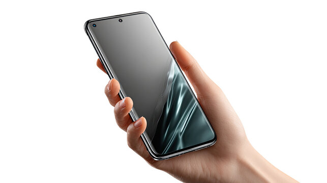 Modern Phone Showcase: A sleek, modern smartphone, held gently in a human hand, showcasing its full screen and capturing the essence of innovation and mobile technology. 