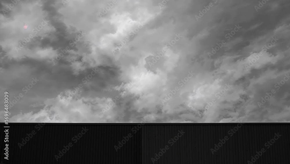 Poster monochrome backdrop featuring grey clouds in an overcast sky, a dark horizontal base, and a vertical