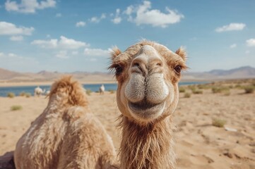 Obraz premium Close-up of a camel relaxing in a sandy desert environment by a large lake.
