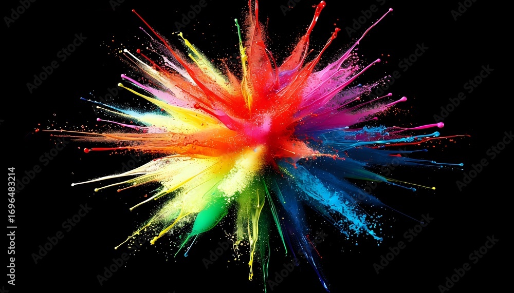 Poster explosive colorful powder burst on black background, dynamic multicolored dust splash creating star 