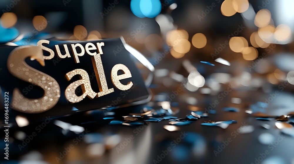 Aufkleber blurred bokeh lights frame text super sale on dark background with scattered confetti, creating fest