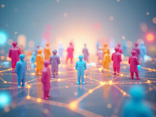 Clean 3D rendering of a human-icon social connection network showing people avatars linked together in an interconnected system symbolizing communication, teamwork, community, and digital interaction.