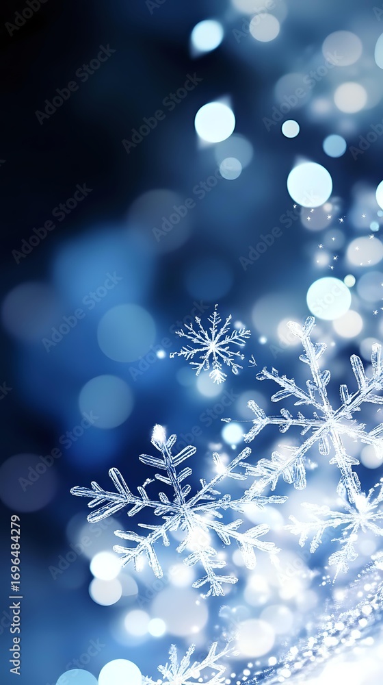 Aufkleber delicate snowflake crystals on dark blue background with soft bokeh lights creating magical winter a