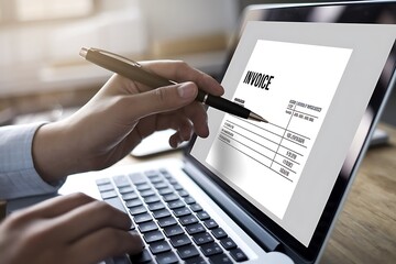 Invoice for payment, digital invoice document, e-invoice and Digital billing concept, man using laptop to manage electronic statements. E-tax, Online invoice processing and tax accounting solutions.