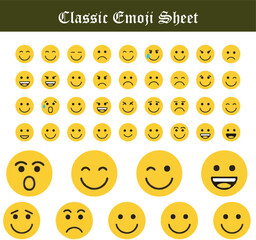 A vector set of happy yellow smiley icons and buttons with various emotions and expressions