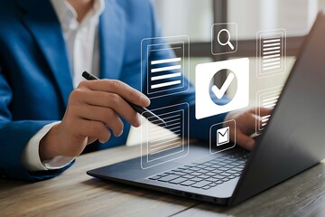 Businessman using digital pen and laptop with online document approval system, task checklist management, and secure data verification concept for digital workflow and business automation.