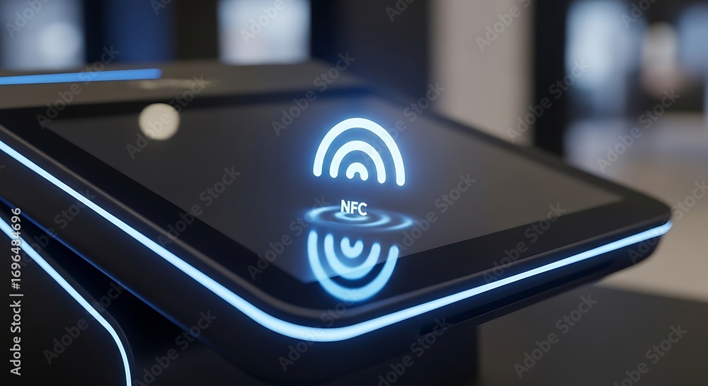 Poster nfc payment terminal with glowing interface for contactless transaction and security