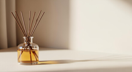 Aroma diffuser with wooden sticks in a clear glass bottle. Soft natural light and shadows on a neutral background. Minimalist, relaxing interior decor for wellness and aromatherapy concepts.