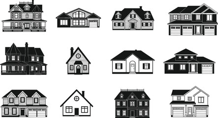 Collection of various house facades, modern and vintage architecture, cad drawing flat vector, detailed real estate design, home front elevation