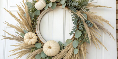 Festive halloween wreath hangs on a white wooden door, featuring pampas grass, eucalyptus leaves, and white pumpkins, creating a stylish and welcoming autumnal decoration with copy space