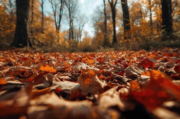 Sky seen through autumnal dried leaves from below, natural landscape with trees and orange foliage