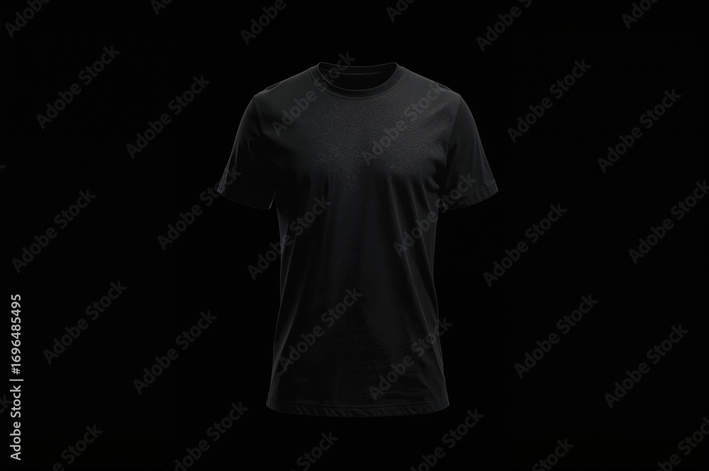 Poster front view of a plain dark tee displayed against a matching dark backdrop