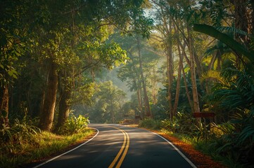 Obraz premium Scenic pathway winding through lush forest scenery, summer travel backdrop with trees and natural landscape