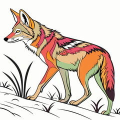 Obraz premium Stylized coyote with colorful patterned fur walking on a hill