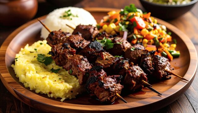 Kenyan nyama choma grilled goat meat skewers served with ugali (maize porridge) and kachumbari salad on a wooden platter