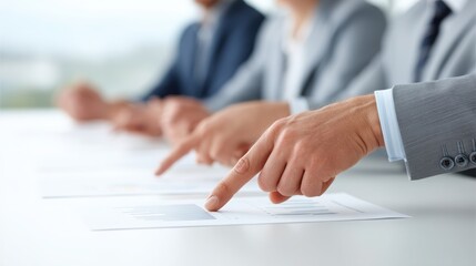 Creative entrepreneurship Business professionals discussing documents with hands pointing at charts and graphs on a table.