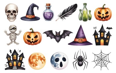Obraz premium A collection of watercolor halloween elements including skulls, pumpkins, witches hats, bats, ghosts, and haunted houses, isolated on a white background