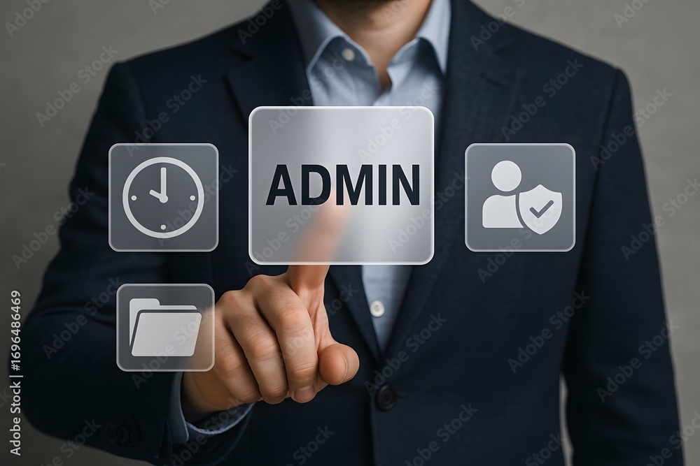 Poster a person pressing an admin button, representing concept of access and control.