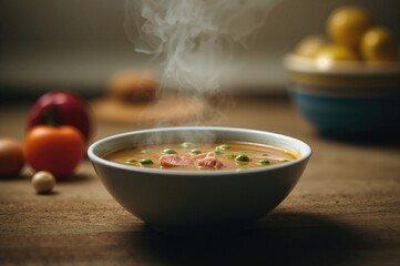 Soup bowl filled with ham and peas