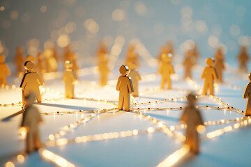 Clean 3D rendering of a human-icon social connection network showing people avatars linked together in an interconnected system symbolizing communication, teamwork, community, and digital interaction.