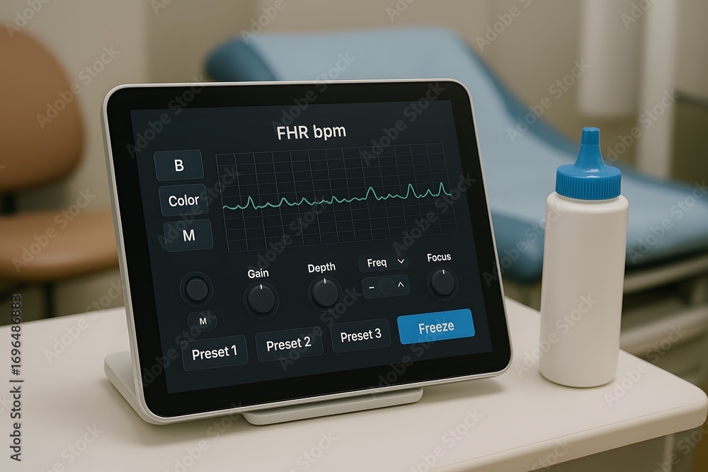 Poster a medical device with a display and a bottle.