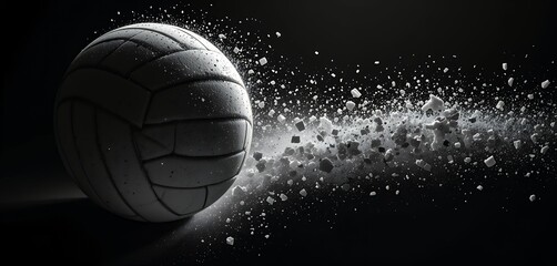 High velocity impact captured in black and white showing dynamic powder explosion around volleyball
