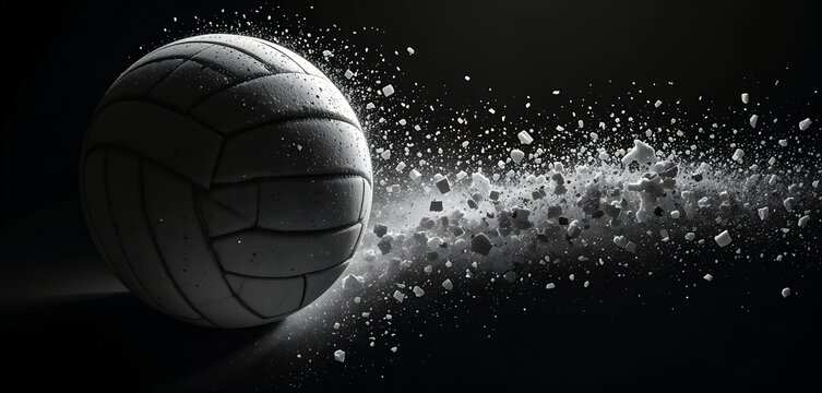 High velocity impact captured in black and white showing dynamic powder explosion around volleyball