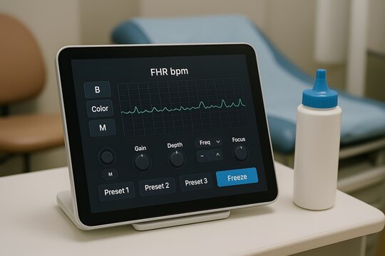 A medical device with a display and a bottle. 