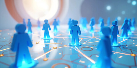 Clean 3D rendering of a human-icon social connection network showing people avatars linked together in an interconnected system symbolizing communication, teamwork, community, and digital interaction.
