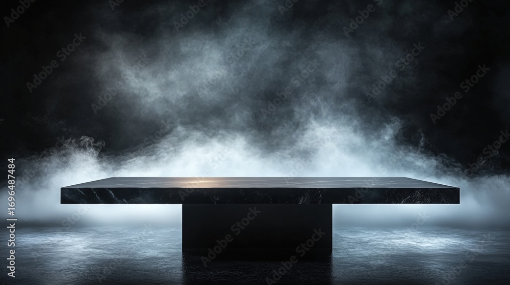 Poster a sleek, black table with a glossy surface illuminated by soft light, surrounded by a misty atmosphe