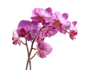 A branch of pink orchid flowers with maroon centers, blossoms facing multiple directions, against a plain white background, stem visible