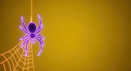 Neon spider hanging on a web against a yellow background for halloween