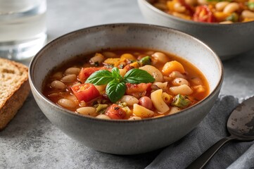 Hearty Vegetable and Bean Soup with Pasta in a Bowl