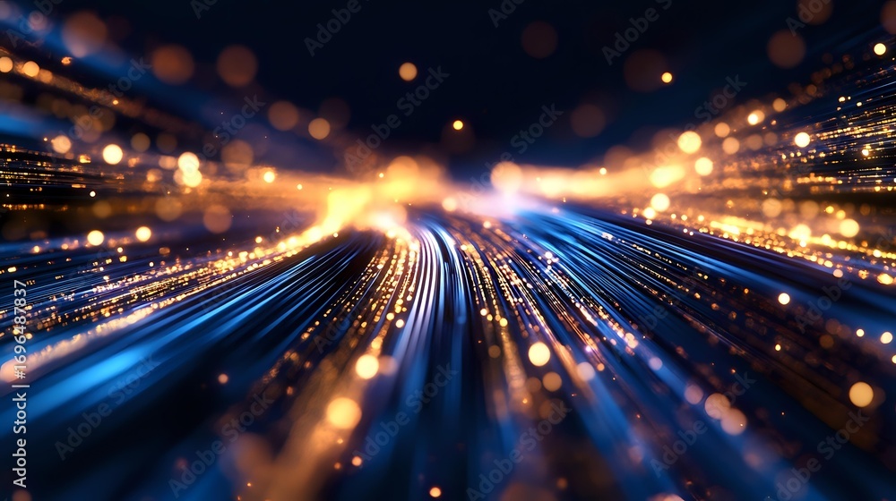 Aufkleber glowing blue and gold light trails converge to central point with bokeh effect and motion blur creat