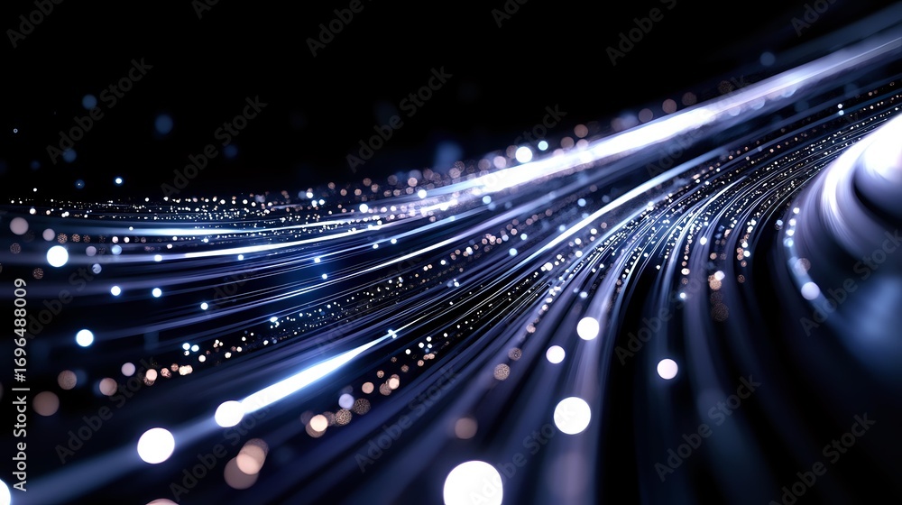 Poster glowing optical fiber strands with bokeh light effects on dark background create futuristic technolo
