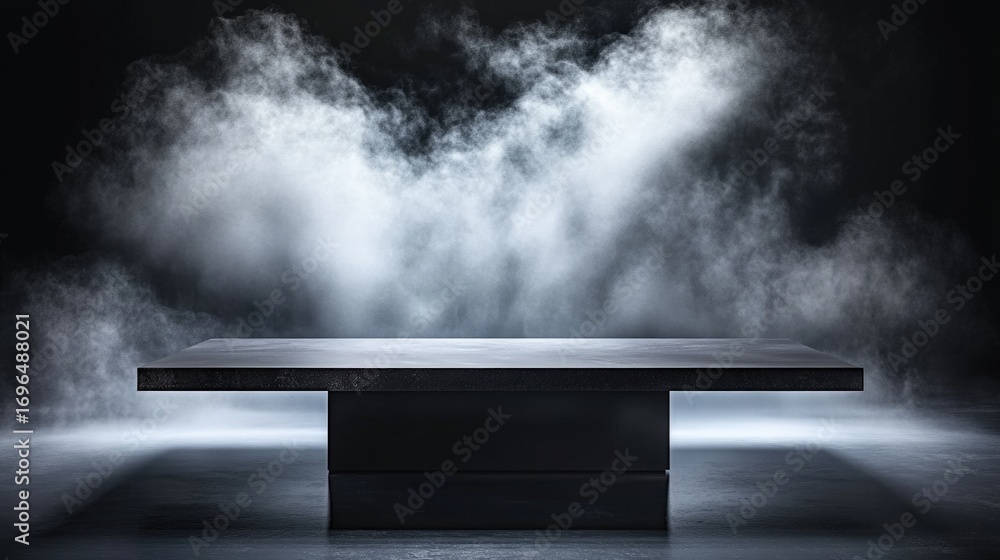 Poster a sleek, modern table is placed on a reflective surface, surrounded by dramatic mist and shadows, cr