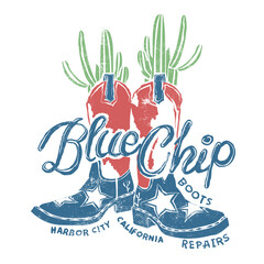 Vintage western-style graphic featuring a pair of cowboy boots with star details and cacti in the background. perfect for t-shirts, posters, or branding with a rustic southwestern vibe. 
