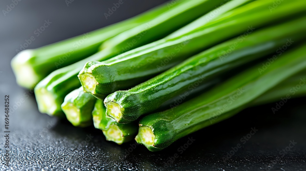 Poster fresh green zucchini arranged in row on dark background, macro view of raw organic vegetables showin