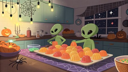 Two friendly aliens preparing a halloween party with spooky decorations and gummy treats in a kitchen