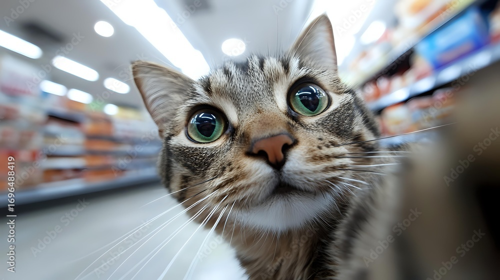 Poster close up portrait of curious tabby cat with bright green eyes looking up in store environment, motio