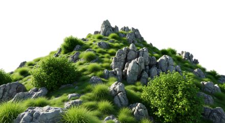 A rugged verdant mountain peak with sharp grey rock formations and lush green vegetation against a stark black background