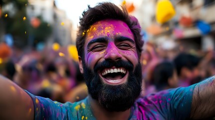 Young bearded man with colorful holi powder on face laughing joyfully during festival celebration, showing genuine happiness and festive spirit in crowd.