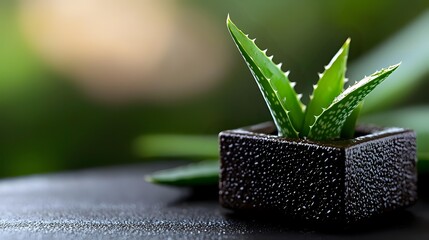 Small green aloe vera plant growing in modern black textured ceramic pot against dark background with water drops and soft bokeh effect.