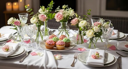 Fototapeta premium Elegant Table Setting with Cupcakes, Roses, and Crystal Glasses for a Special Occasion